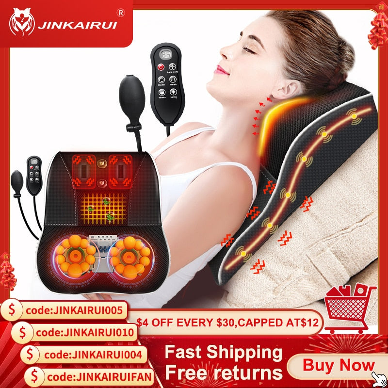 Electric Shiatsu Neck & Back Massager Car Cervical Spine Support Neck  Traction Pillow Kneading Vibration Airbag Cushion Massage