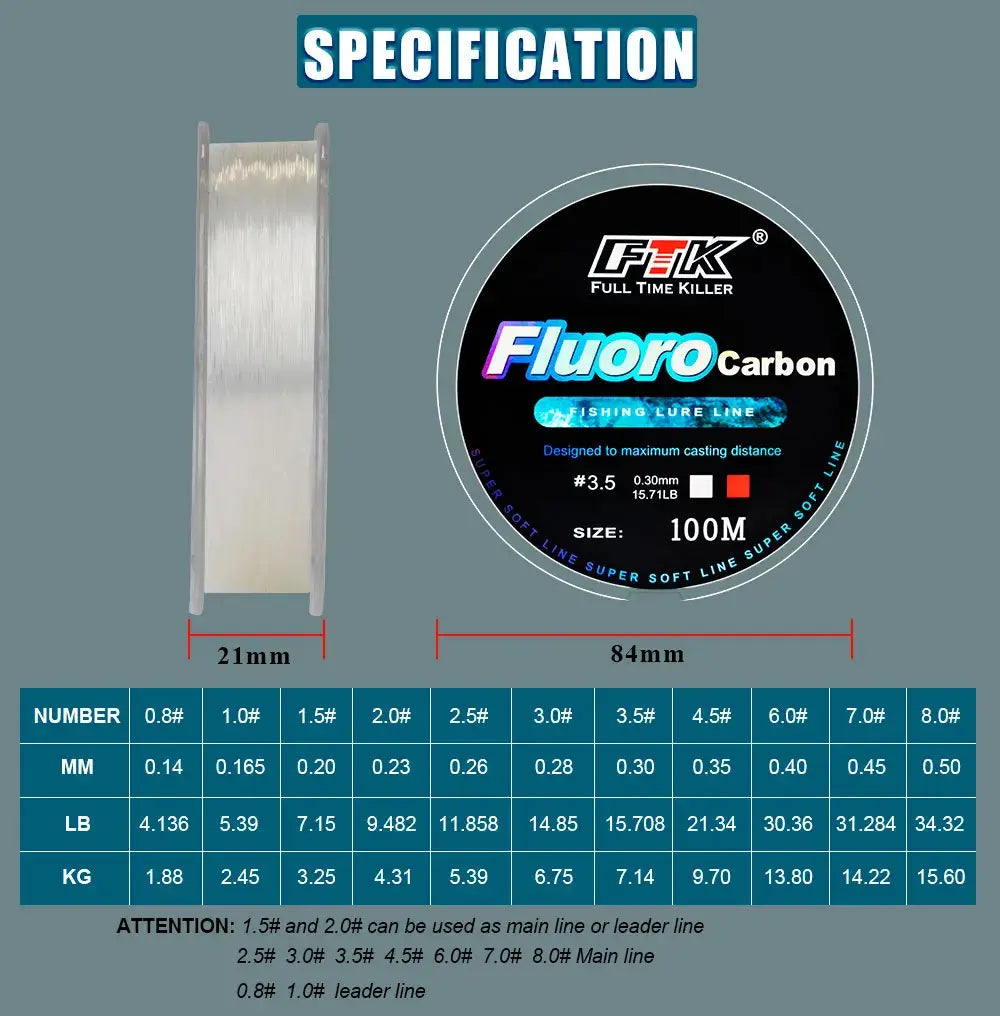 FTK 100M Fluorocarbon Coating Fishing Line 4.14LB-34.32LB Carbon Fiber Monofilament Leader Line Carp Fishing Sinking