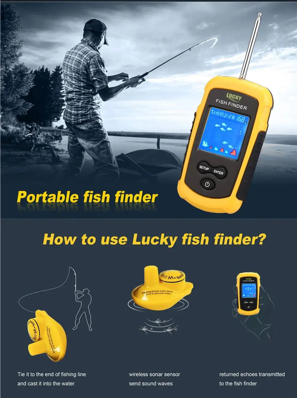 LUCKY FFCW1108-1 Wireless Sonar Fishing Alert Fish Finder Underwater Echo Sounder Fishing Detector Portable Fish Finder