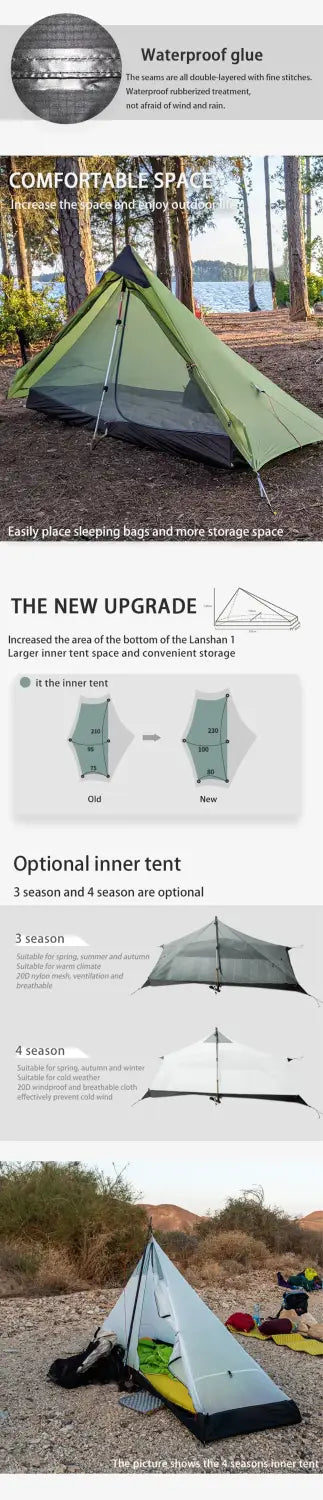 New Version 230cm 3F UL GEAR Lanshan 1 Ultralight Camping 3/4 Season 15D Silnylon Rodless Tent