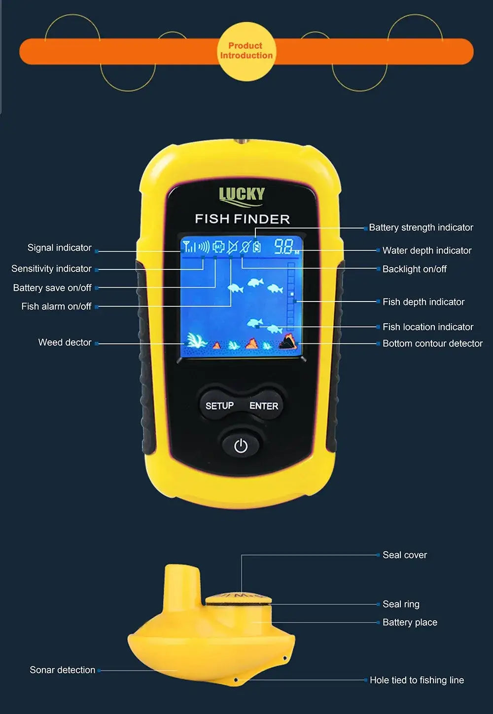 LUCKY FFCW1108-1 Wireless Sonar Fishing Alert Fish Finder Underwater Echo Sounder Fishing Detector Portable Fish Finder