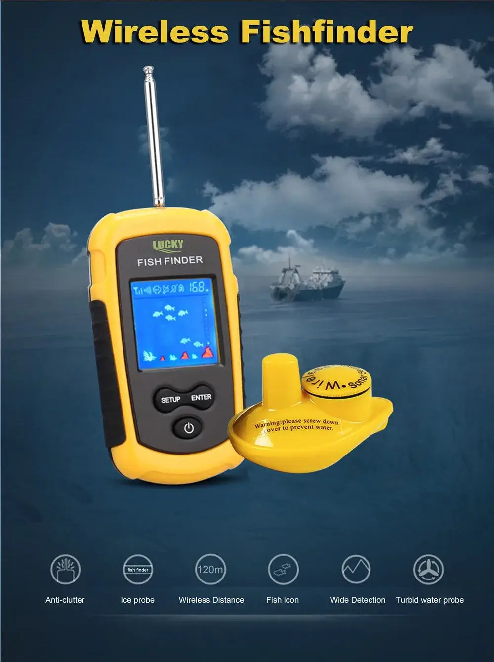 LUCKY FFCW1108-1 Wireless Sonar Fishing Alert Fish Finder Underwater Echo Sounder Fishing Detector Portable Fish Finder