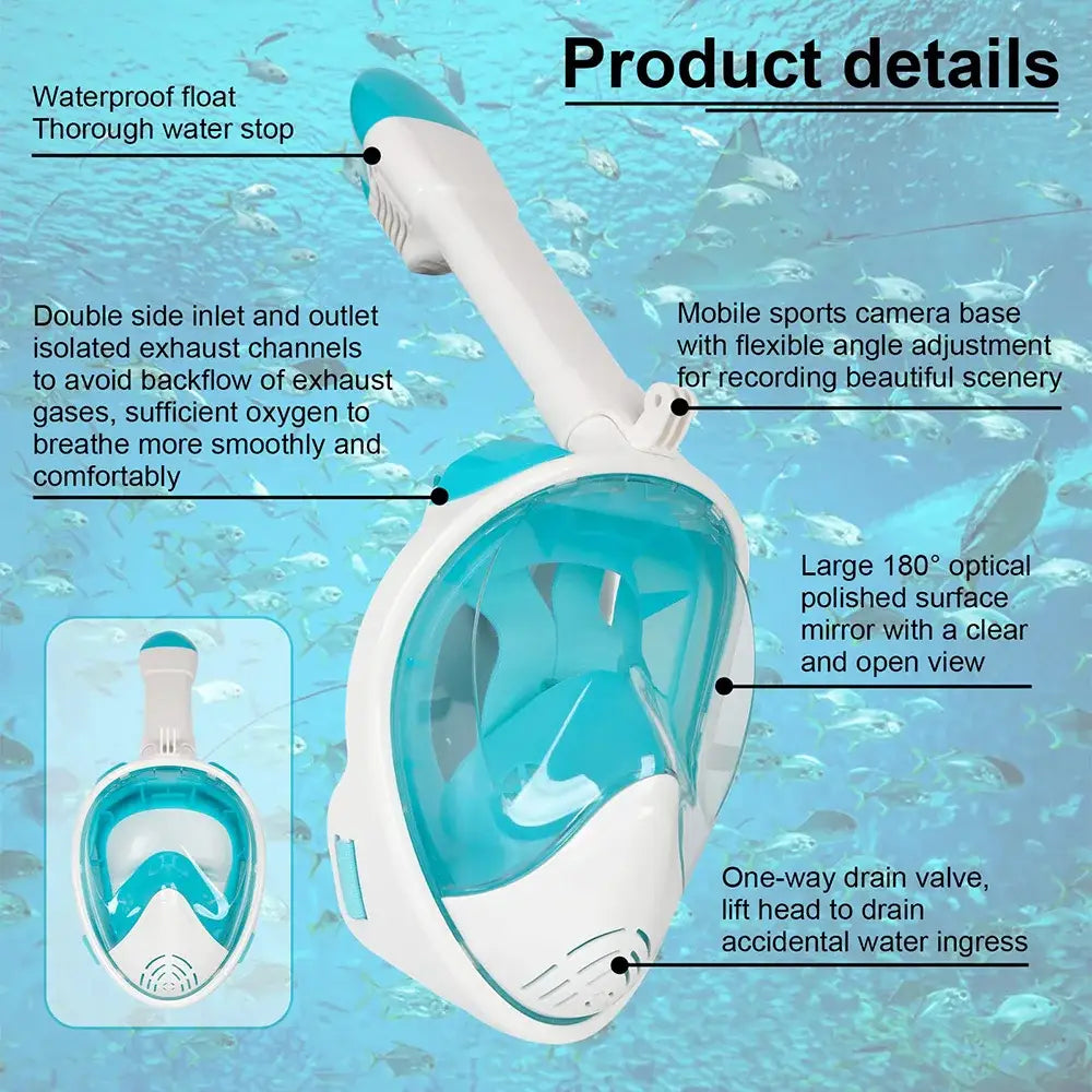 Full Face Snorkel Mask with Camera Mount - 180° Panoramic View - Anti-Fog Anti-Leak - Adult Kids Snorkeling Set