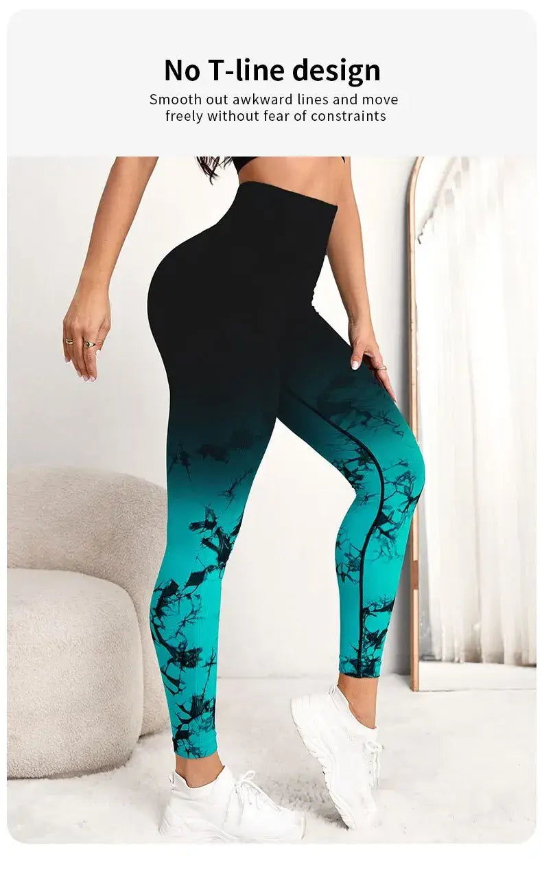 Seamless Tie-Dye Yoga Leggings for Women High Waist Compression Running Gym Active Wear with Scrunch Detail