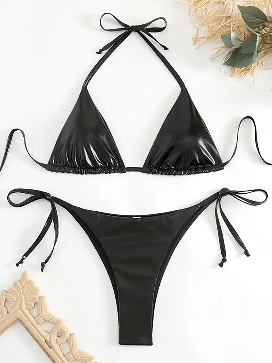 Sexy Metallic Bikini Set 2024: Halter Triangle Lace-Up Tie-Side Swimwear