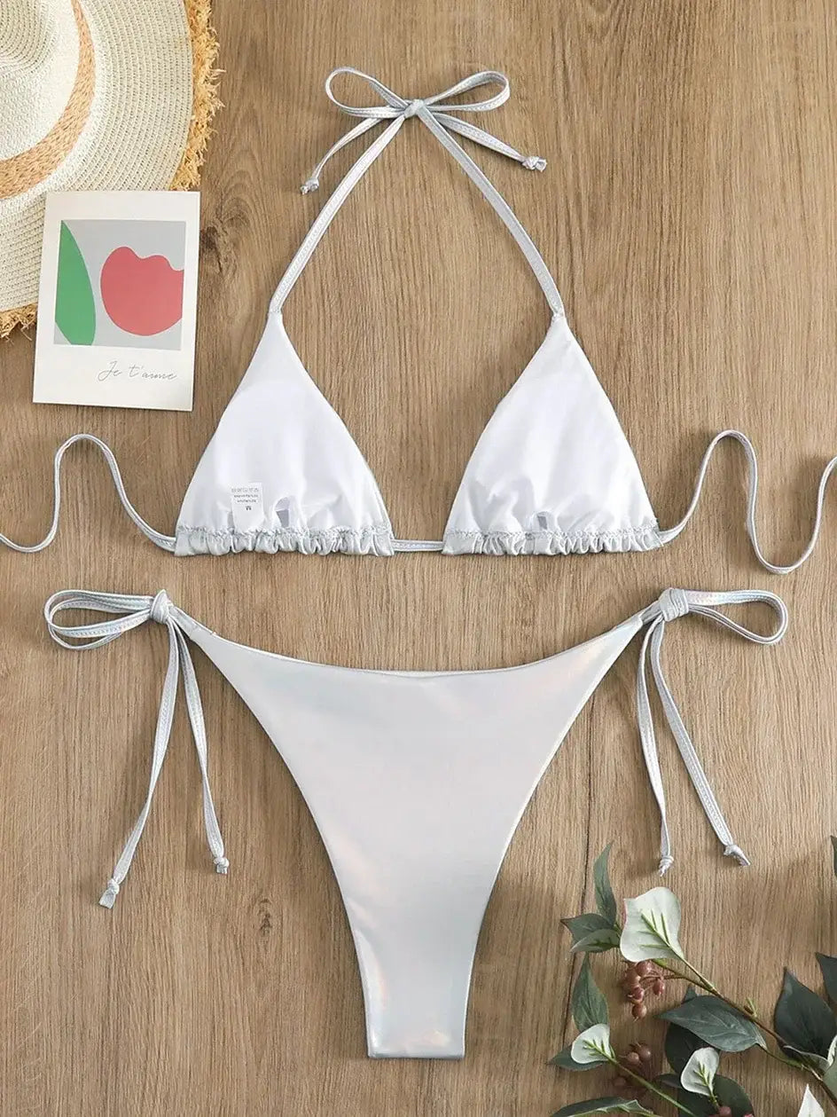 Sexy Metallic Bikini Set 2024: Halter Triangle Lace-Up Tie-Side Swimwear