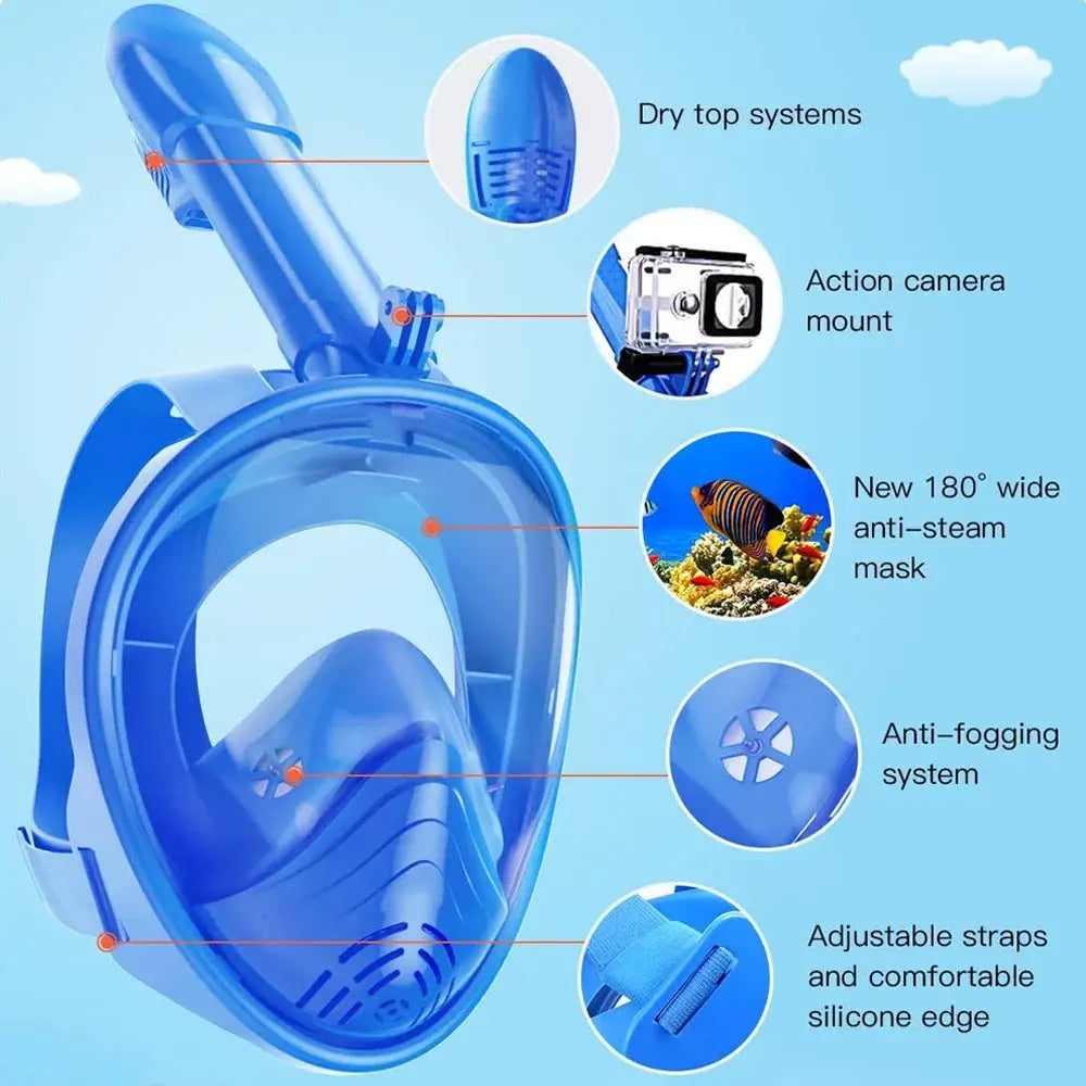 Full Face Snorkel Mask with Detachable Camera Mount - Wide View Anti-Fog Anti-Leak - Adult & Kids