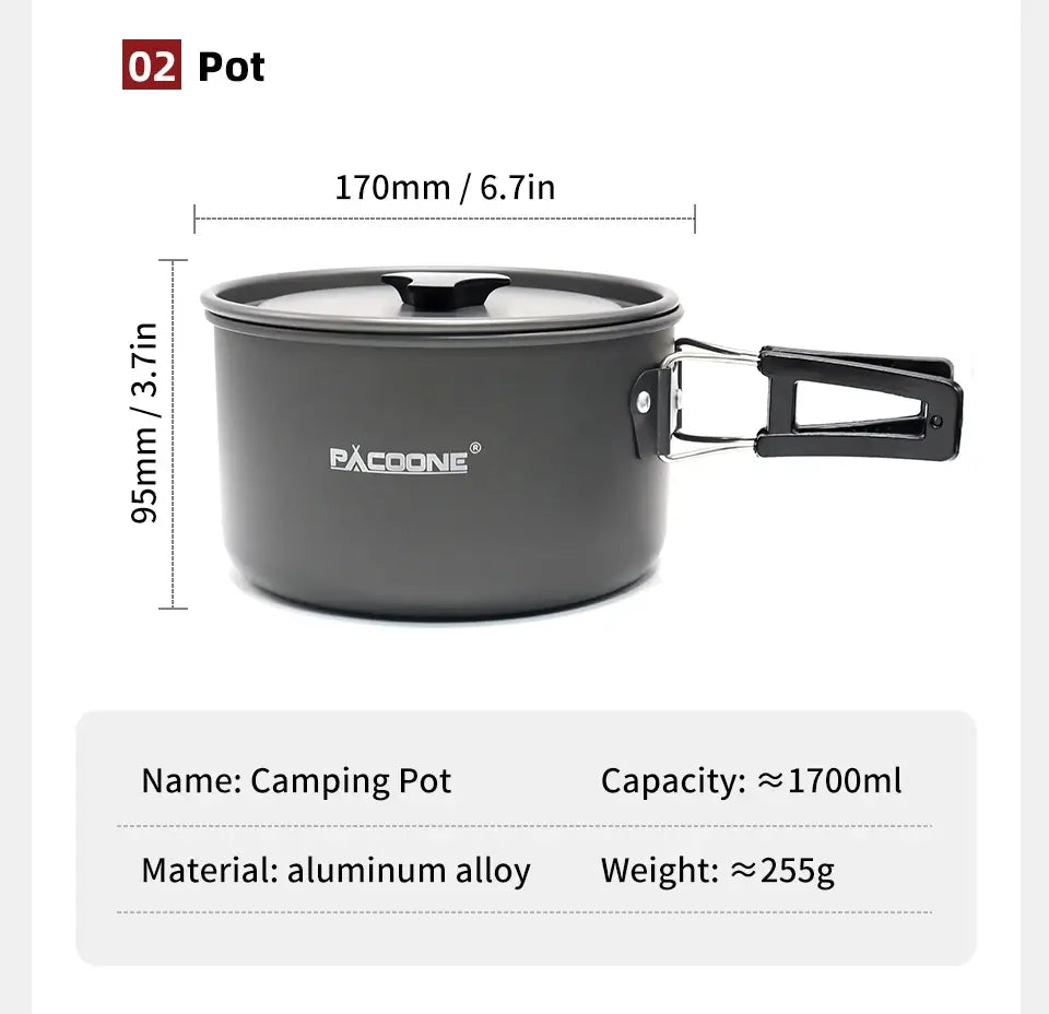 Portable Cookware Set - Outdoor Pot Kettle Pan Tableware for Camping Hiking Picnic