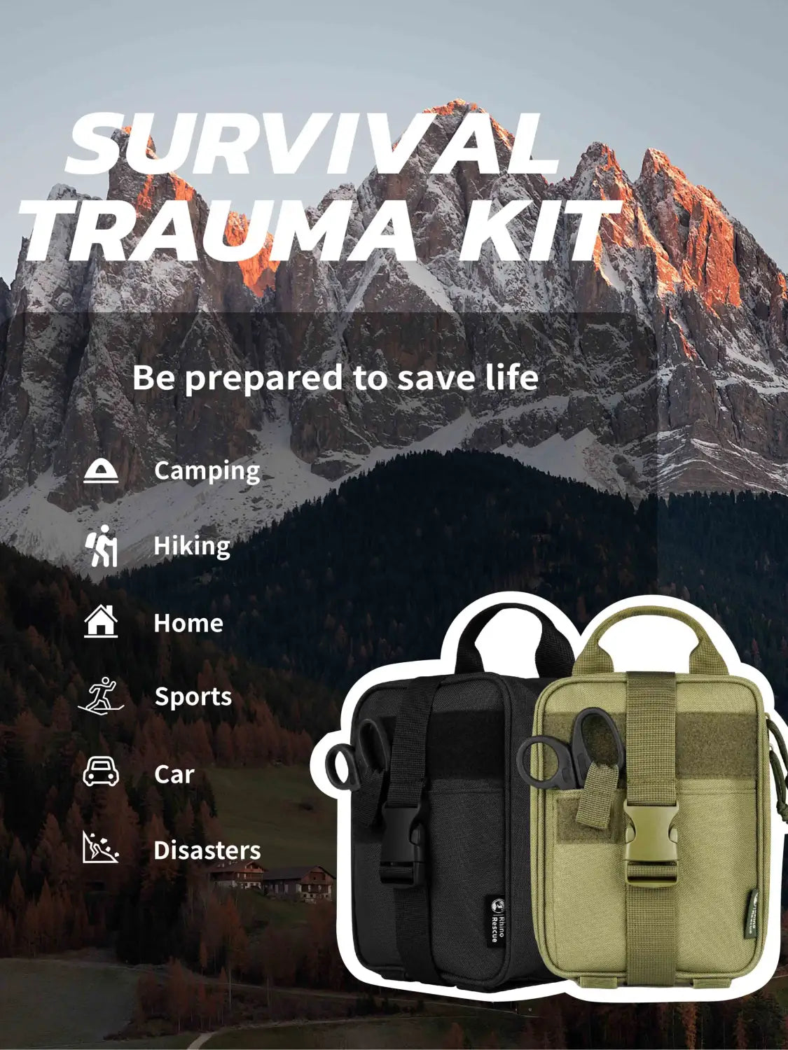 Rhino First Aid Survival Kit Tactical IFAK Pouch Supplied Camping Kit with 20 EMT Items for Military Emergency Outdoors