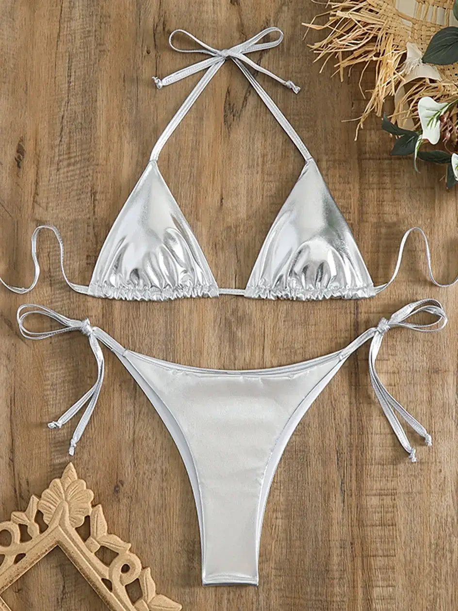 Sexy Metallic Bikini Set 2024: Halter Triangle Lace-Up Tie-Side Swimwear