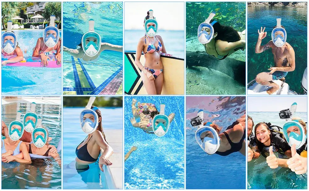 Full Face Snorkel Mask with Camera Mount - 180° Panoramic View - Anti-Fog Anti-Leak - Adult Kids Snorkeling Set