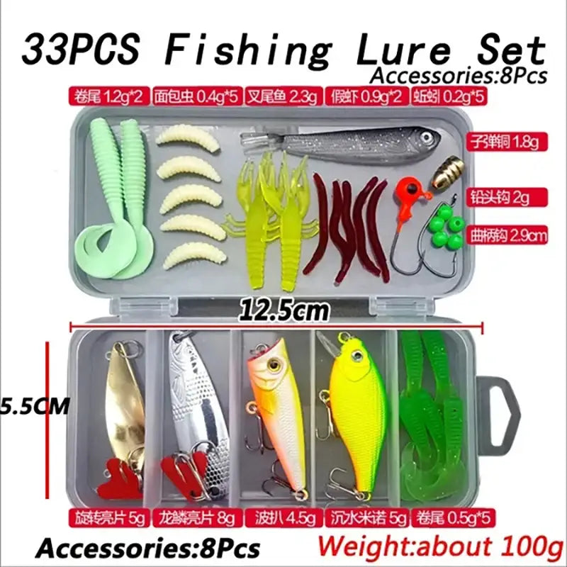 Fishing Lure Accessories Kit - Soft & Hard Bait Set for Bass Pike - Minnow Metal Jig Spoon Tackle with Box