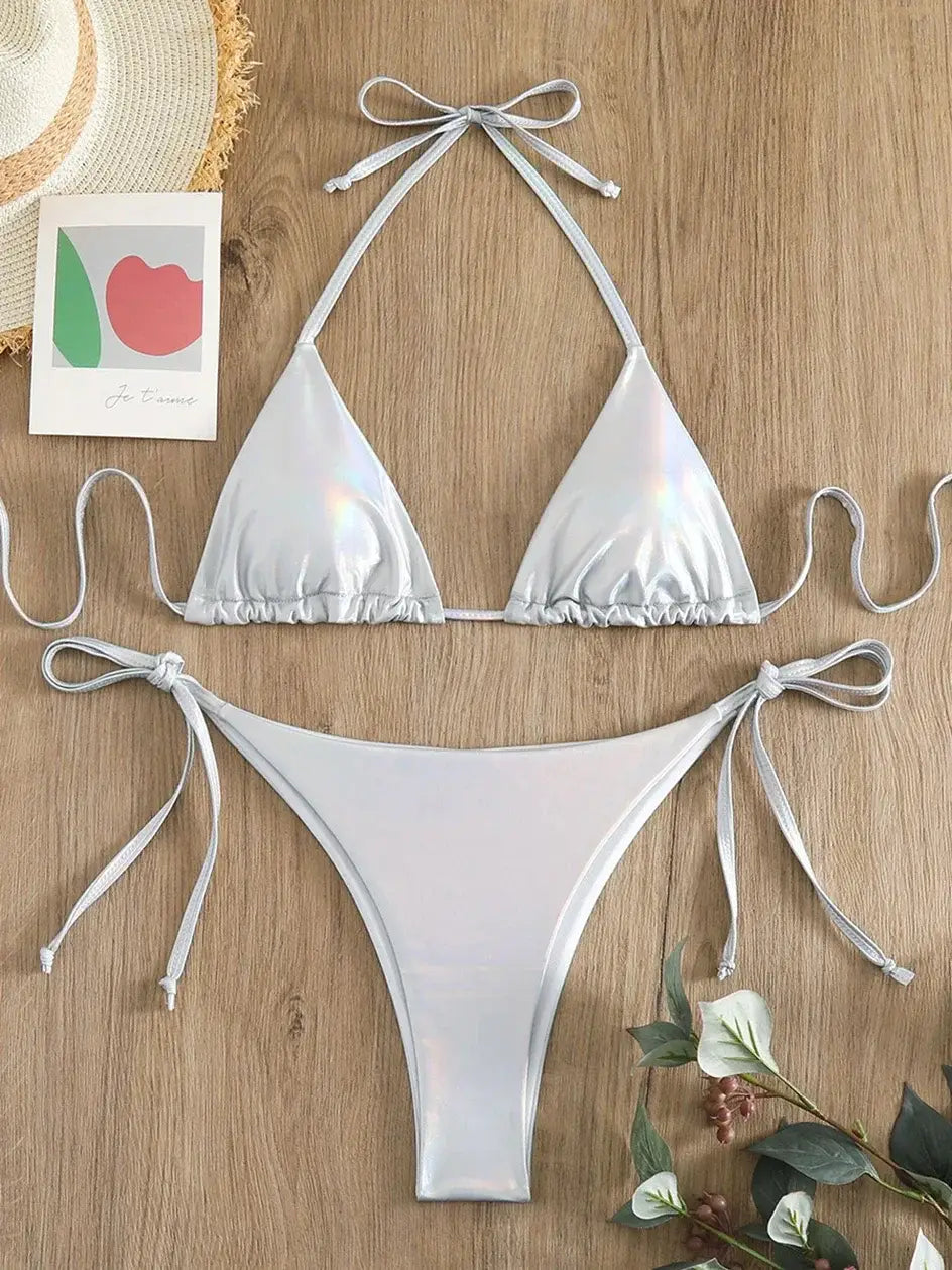 Sexy Metallic Bikini Set 2024: Halter Triangle Lace-Up Tie-Side Swimwear