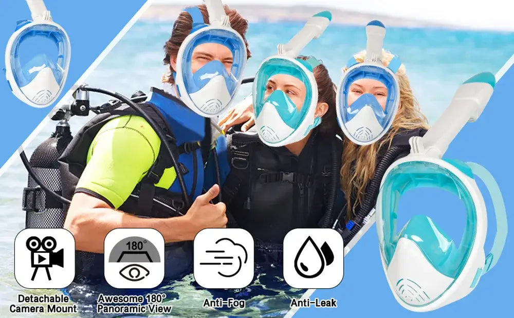 Full Face Snorkel Mask with Camera Mount - 180° Panoramic View - Anti-Fog Anti-Leak - Adult Kids Snorkeling Set