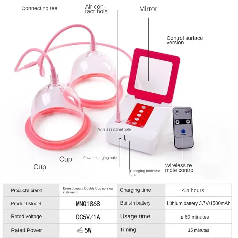 Electric chest massage device - breast enlargement vacuum pump with double suction cups