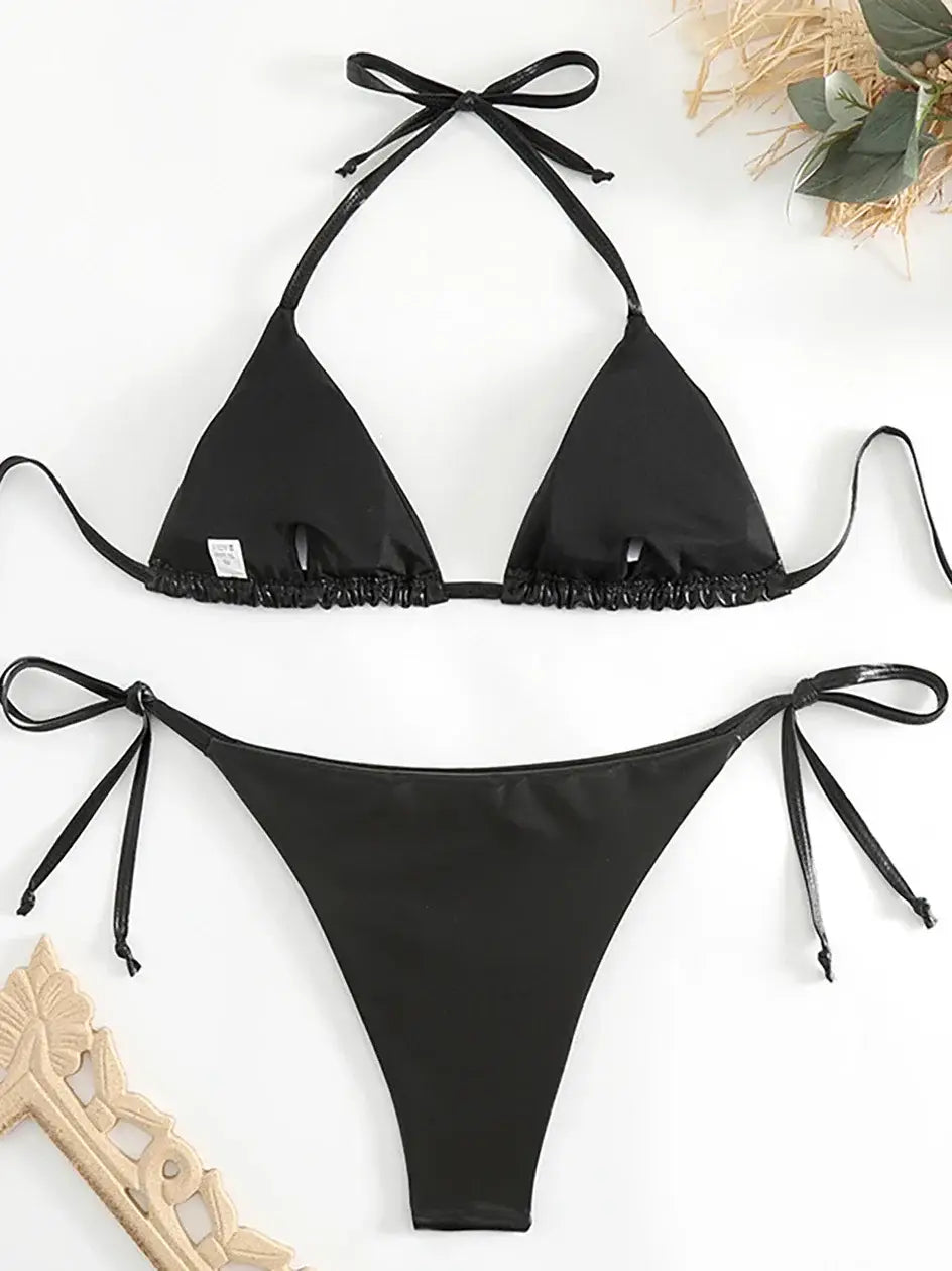 Sexy Metallic Bikini Set 2024: Halter Triangle Lace-Up Tie-Side Swimwear