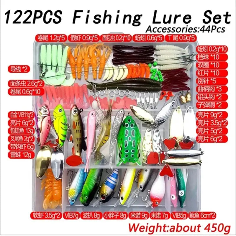 Fishing Lure Accessories Kit - Soft & Hard Bait Set for Bass Pike - Minnow Metal Jig Spoon Tackle with Box