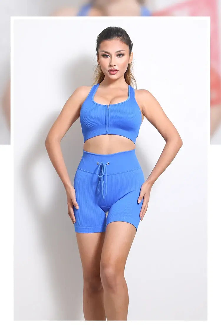 Women’s Yoga Set - Seamless Zip Tank Top and Shorts Suit for Fitness and Sportswear