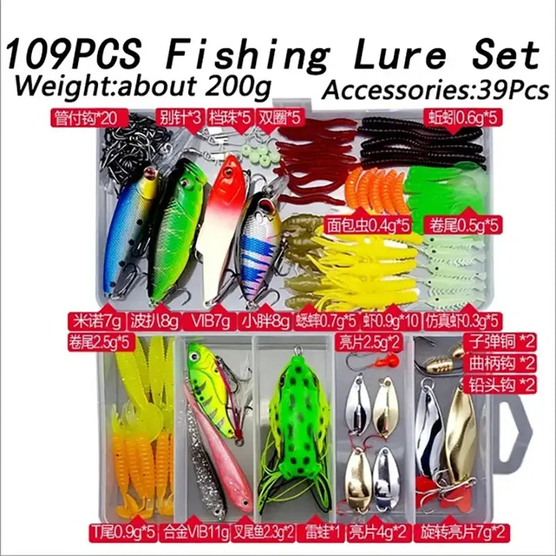 Fishing Lure Accessories Kit - Soft & Hard Bait Set for Bass Pike - Minnow Metal Jig Spoon Tackle with Box