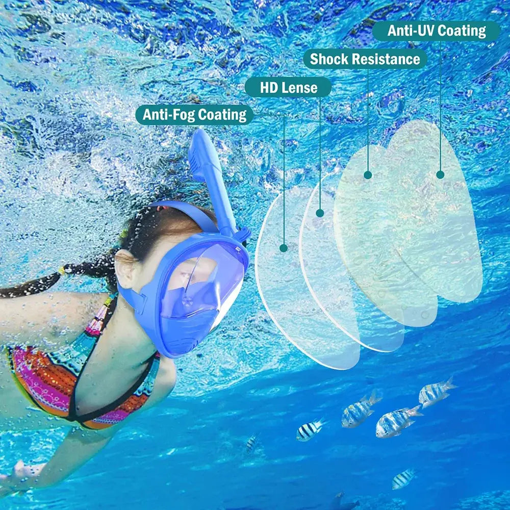 Full Face Snorkel Mask with Detachable Camera Mount - Wide View Anti-Fog Anti-Leak - Adult & Kids