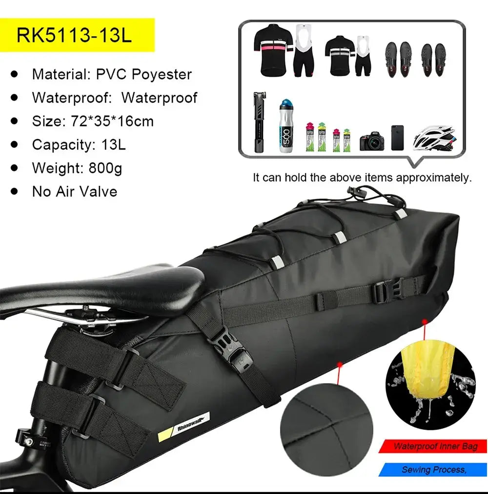 Rhinowalk Bike Saddle Bag Waterproof MTB Road Bicycle 13L Large Capacity Cycling Bag Foldabe Tail Rear Bag Trunk