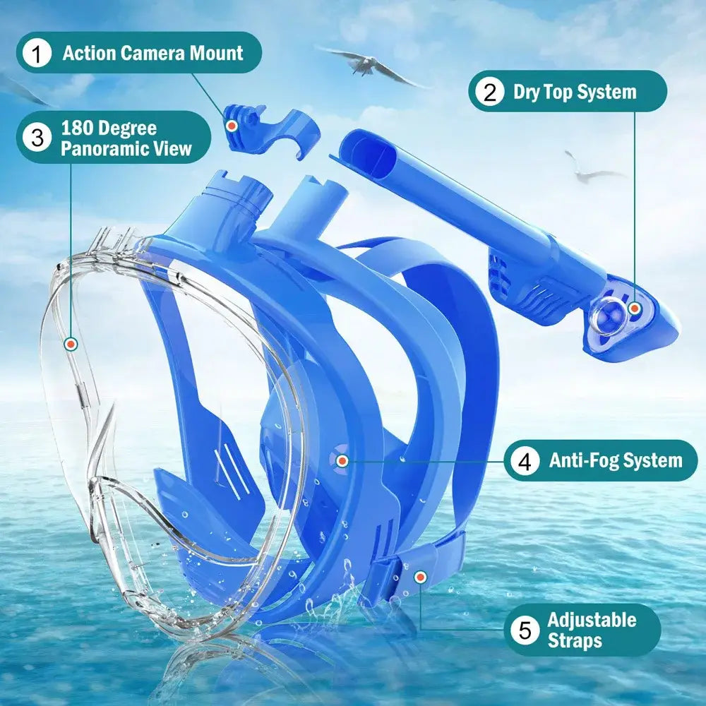 Full Face Snorkel Mask with Camera Mount - 180° Panoramic View - Anti-Fog Anti-Leak - Adult Kids Snorkeling Set