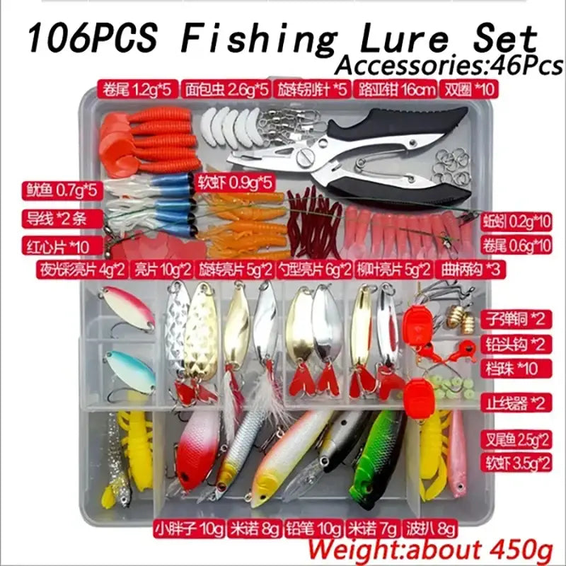 Fishing Lure Accessories Kit - Soft & Hard Bait Set for Bass Pike - Minnow Metal Jig Spoon Tackle with Box