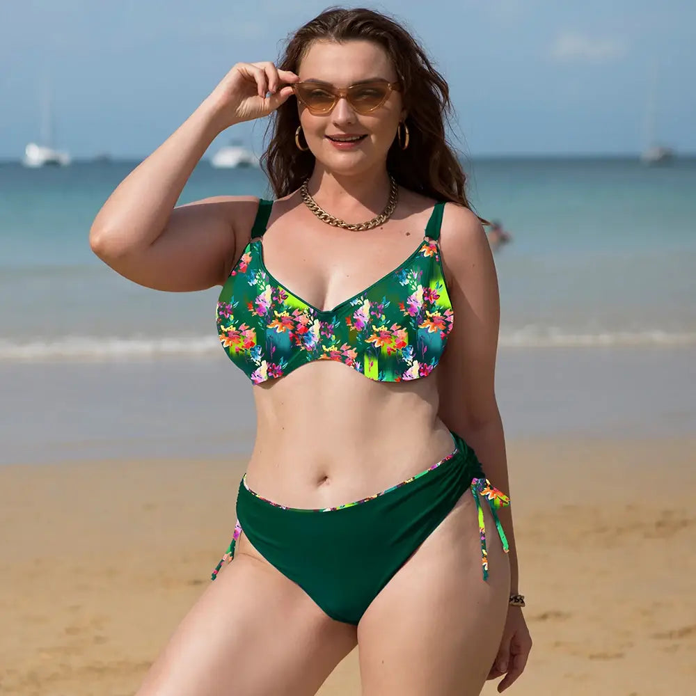 Plus Size High Waist Underwired Bikini Set - Floral Swimwear for Women