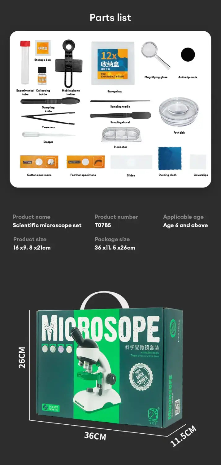 1200X Kid Science Microscope Kit - STEM Toy Gift HD Optical Experiment with Light