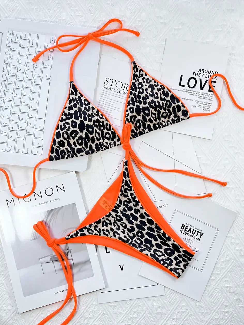 Sexy Leopard Micro Bikini Women Swimsuit Thong Bikini Set - Leopard Print Halter Brazilian Beach Wear