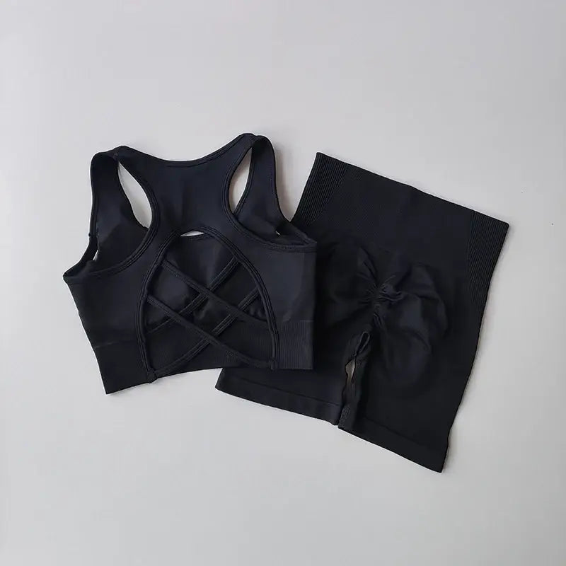 2 pcs women seamless yoga set sexy sport bra + high waist sports shorts gym clothing fitness Black CHINA