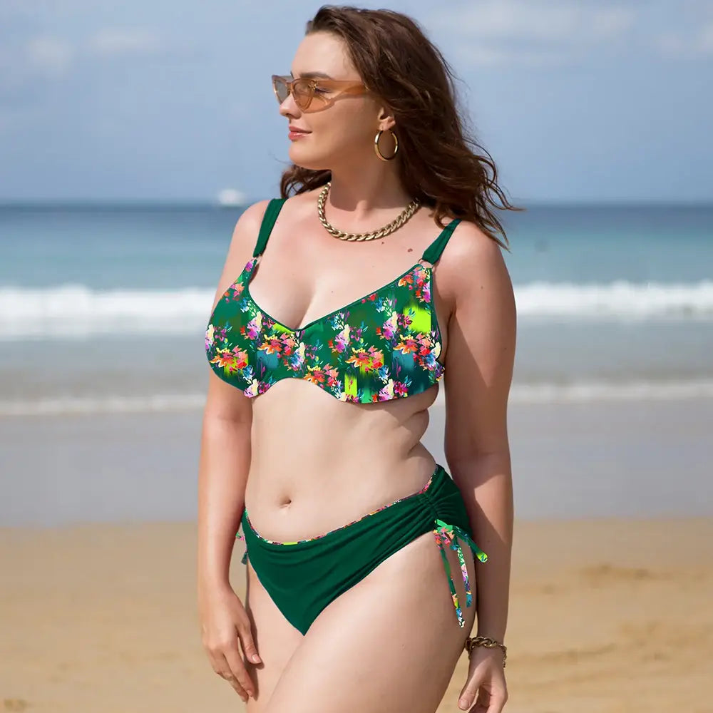 Plus Size High Waist Underwired Bikini Set - Floral Swimwear for Women