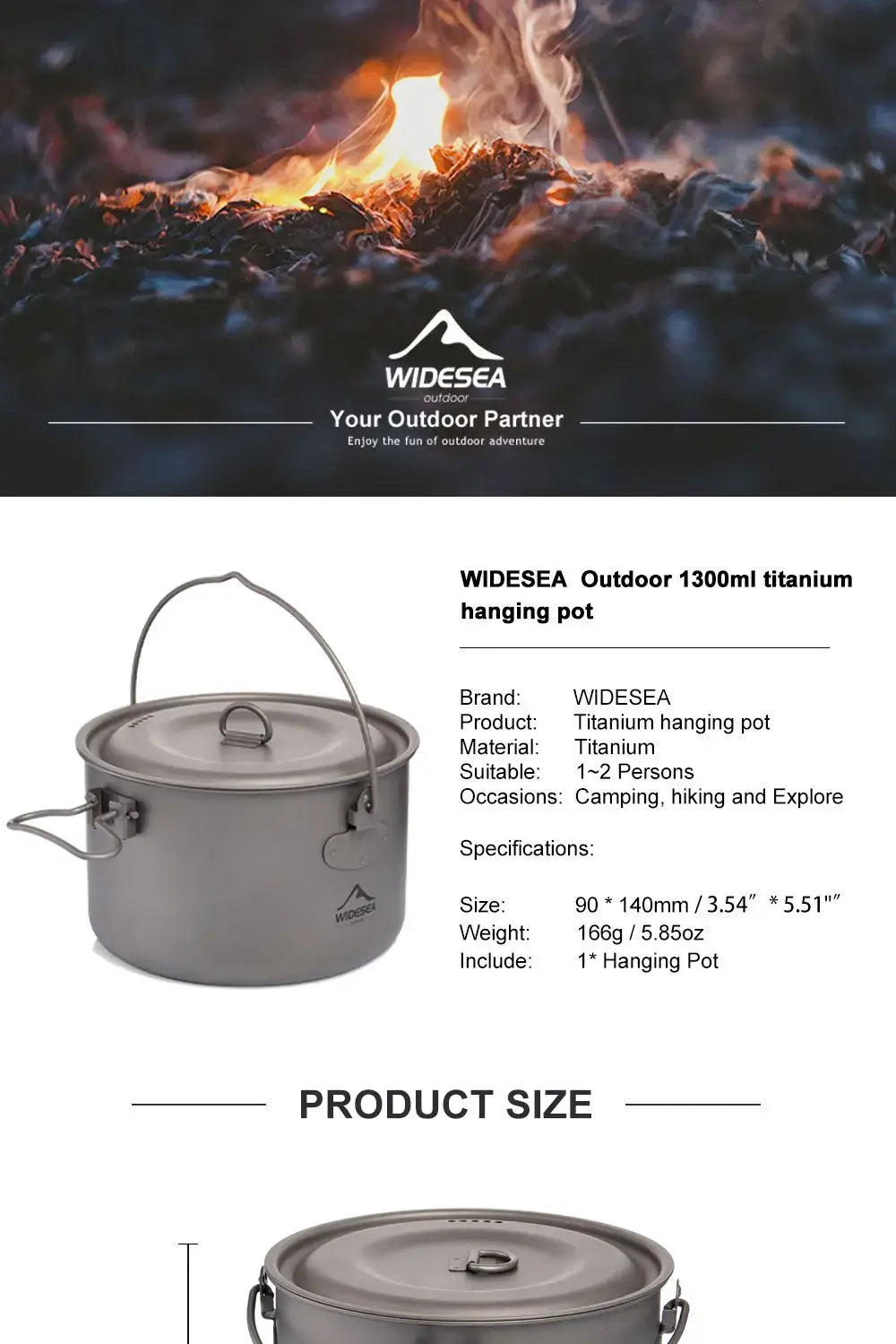 Widesea Titanium Cookware Set - Outdoor Cooking Pot & Frying Pan Picnic Kitchen for Camping Hiking Trekking (1300ml)