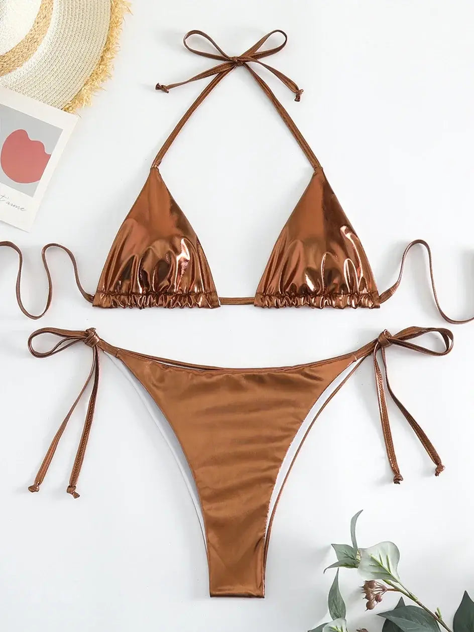 Sexy Metallic Bikini Set 2024: Halter Triangle Lace-Up Tie-Side Swimwear