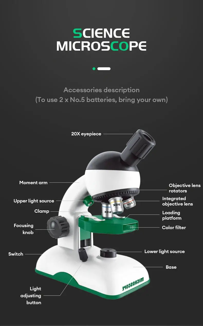 1200X Kid Science Microscope Kit - STEM Toy Gift HD Optical Experiment with Light