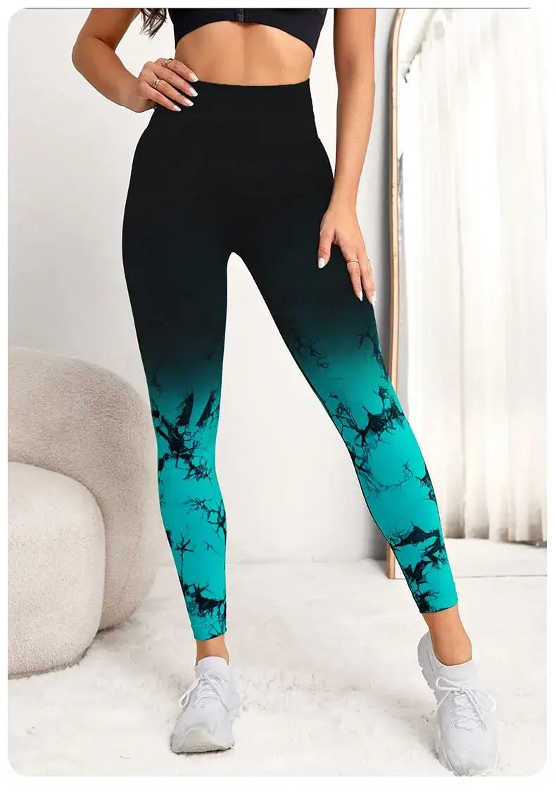 Seamless Tie-Dye Yoga Leggings for Women High Waist Compression Running Gym Active Wear with Scrunch Detail