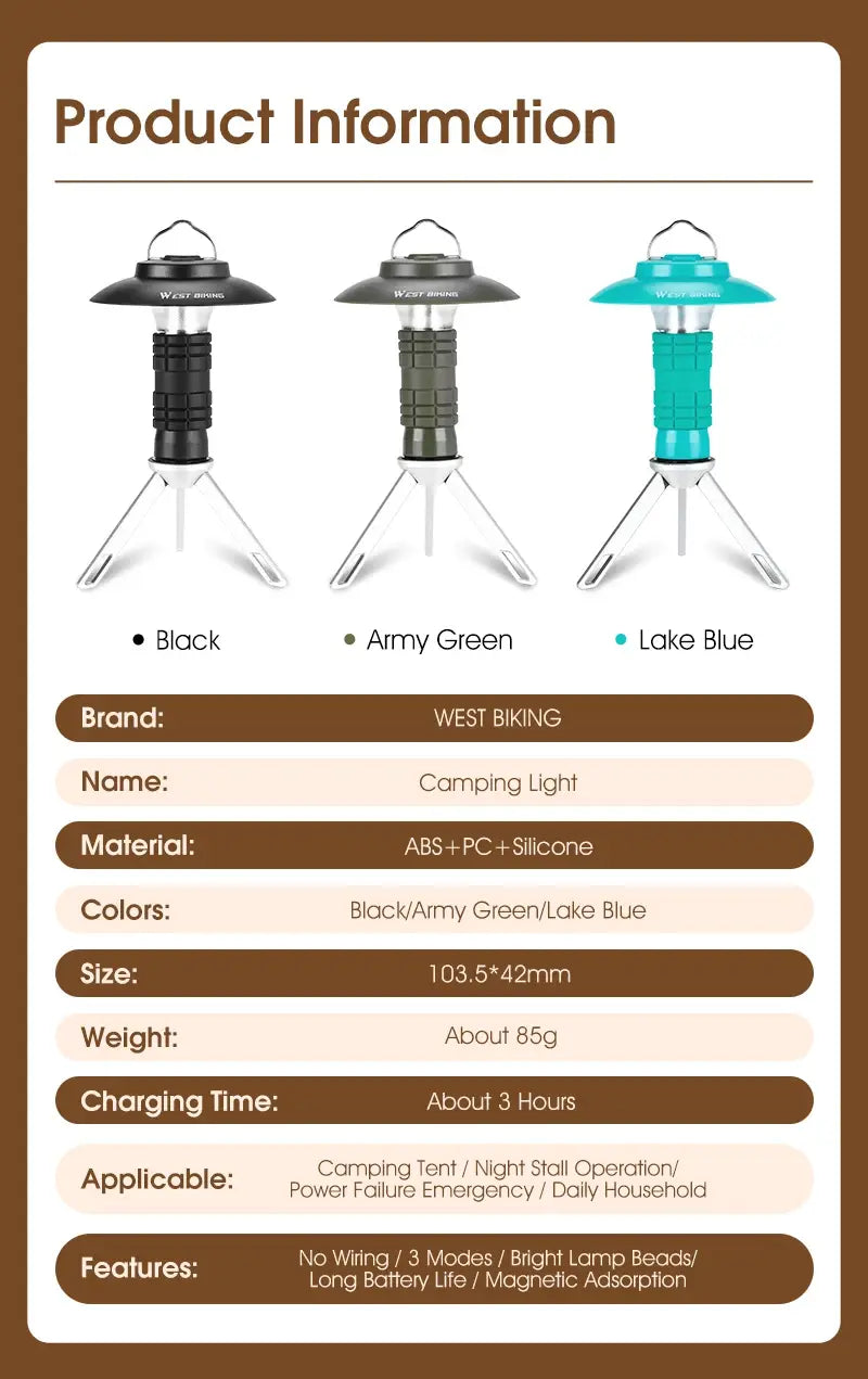 West biking portable camping light with magnetic usb rechargeable camping lantern outdoor led