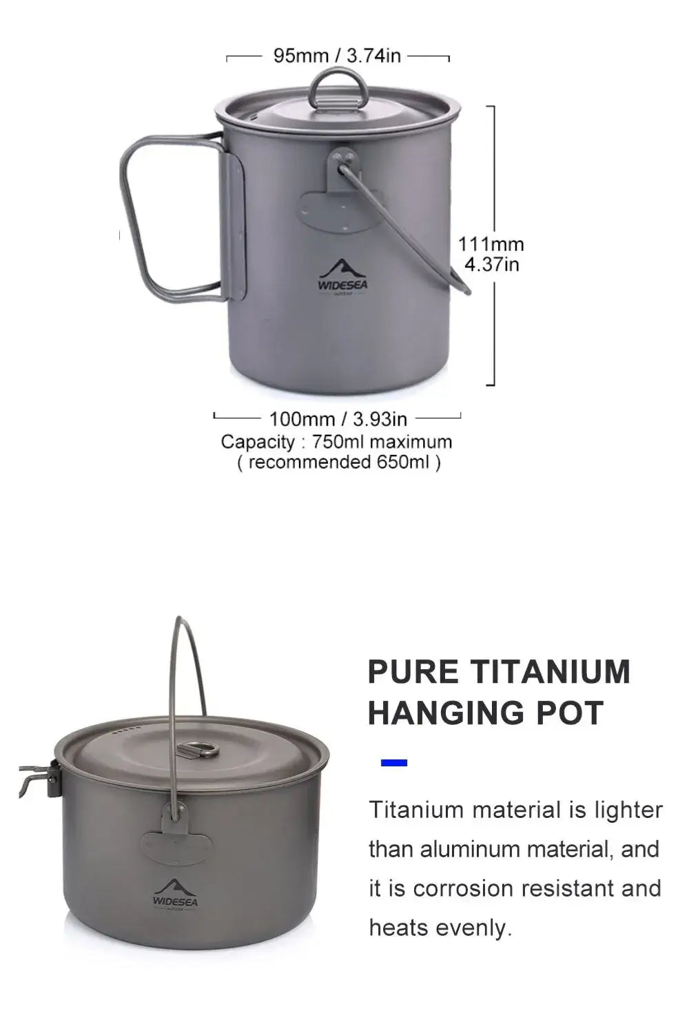 Widesea Titanium Cookware Set - Outdoor Cooking Pot & Frying Pan Picnic Kitchen for Camping Hiking Trekking (1300ml)