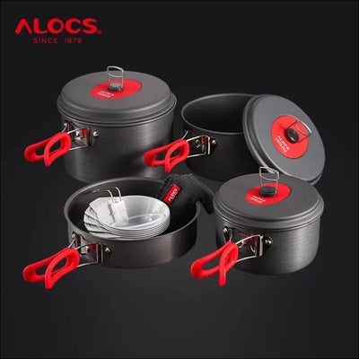 Alocs outdoor cooking set - pot, kettle, pan, bowl, spoon - aluminium alloy, foldable -