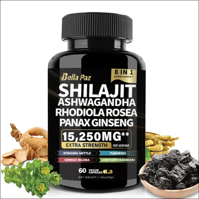 Bellapaz shilajit 9000 with panax ginseng 1500mg, ashwagandha 2000mg, rhodiola rosea 1000mg,