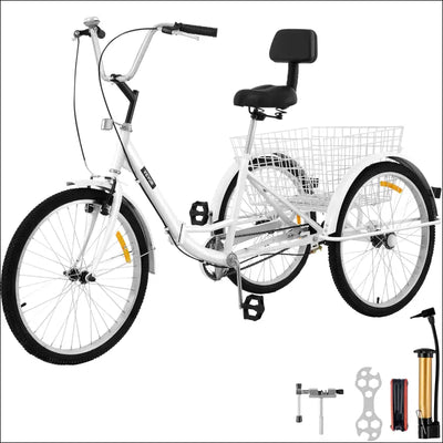 Folding adult tricycle 24" - 3 wheel trike bike - 1/7 speed - 330 lbs load - steel frame - cargo