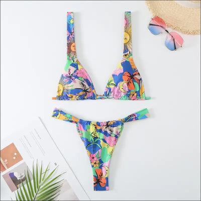 Lovely floral bikini set 2024 - low waist 2-piece swimsuit, sexy thong swimwear for women - beach Blue