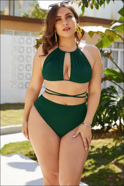 Plus size cutout tied backless bikini set Green