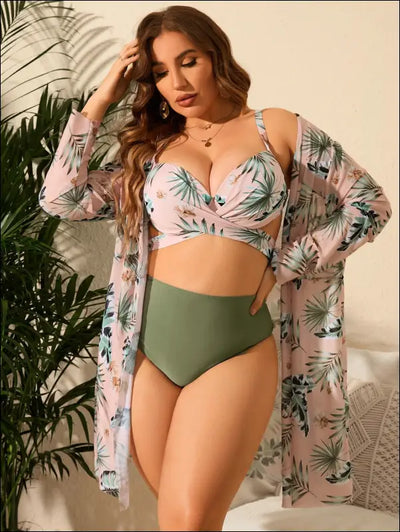 Plus tropical print wrap cross push up bikini swimsuit with kimono 4XL