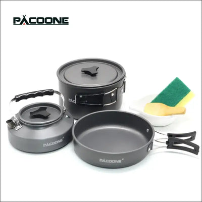 Portable cookware set - outdoor pot, kettle, pan, tableware for camping, hiking, picnic