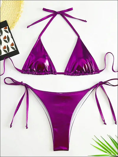 Sexy metallic bikini set 2024: halter triangle lace-up tie-side swimwear