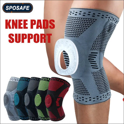 Sports compression knee support brace patella protector knitted silicone spring leg pads