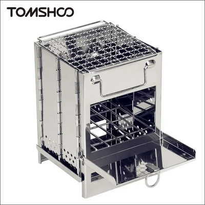 Tomshoo portable wood stove & mini grill combo - foldable stainless steel camping stove,