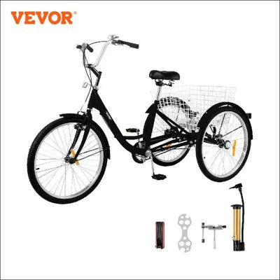 Vevor 26-inch adult tricycle with front v-brake, 7-speeds, and large basket