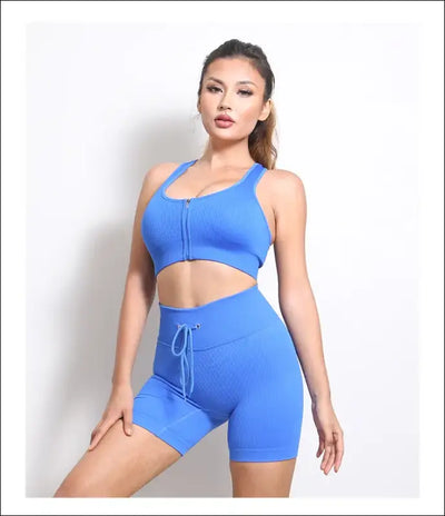 Women's yoga set - seamless zip tank top and shorts suit for fitness and sportswear